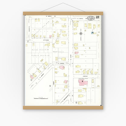 Old map wall art mockup — magnetic wood frame on white wall — Sanborn Fire Insurance Map from Ottumwa, Wapello County, Iowa (1909), Sheet #0018