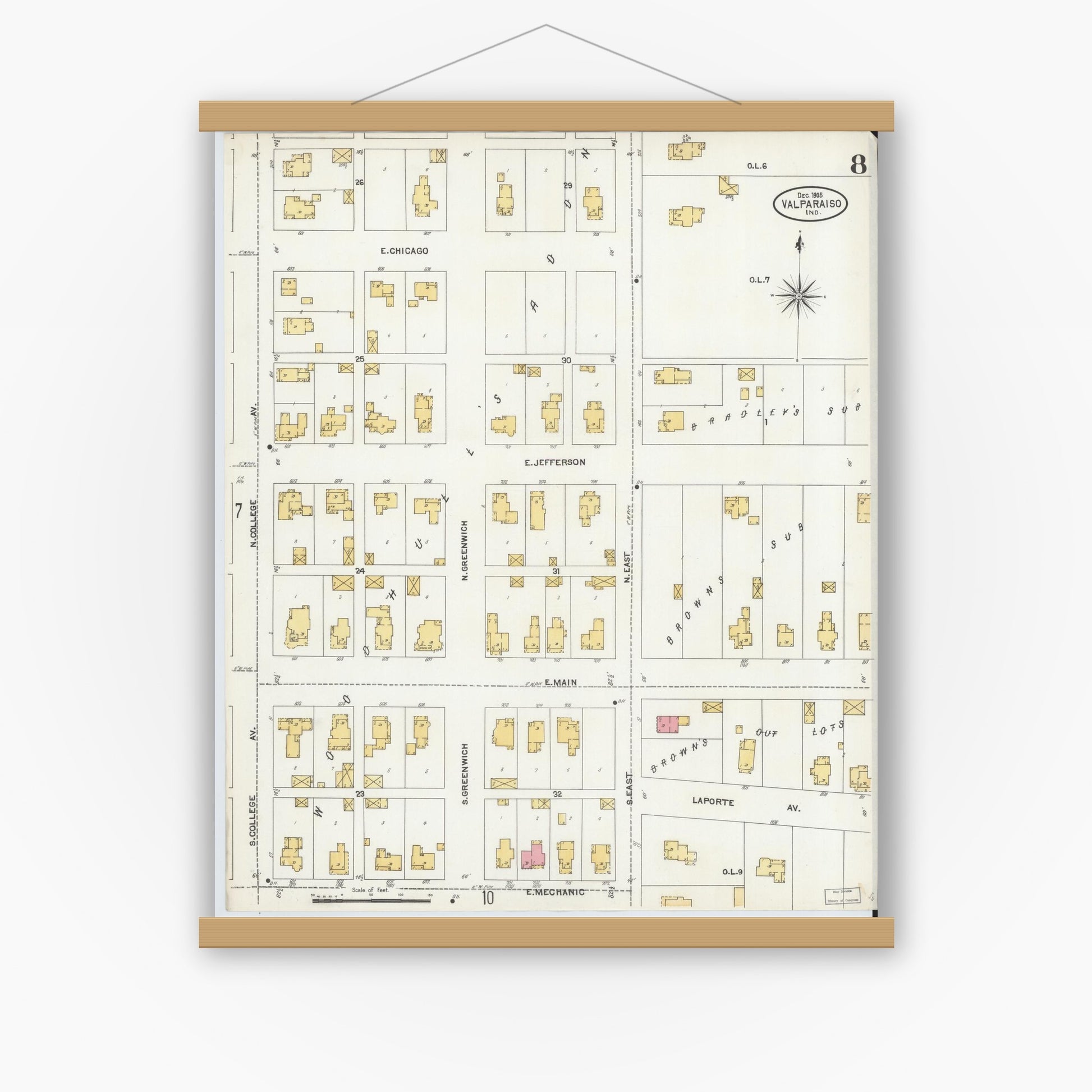 Old map wall art mockup — magnetic wood frame on white wall — Sanborn Fire Insurance Map from Valparaiso, Porter County, Indiana (1905), Sheet #0008