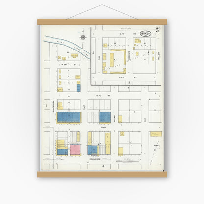 Old map wall art mockup — magnetic wood frame on white wall — Sanborn Fire Insurance Map from Brady, McCulloch County, Texas (1921), Sheet #0005