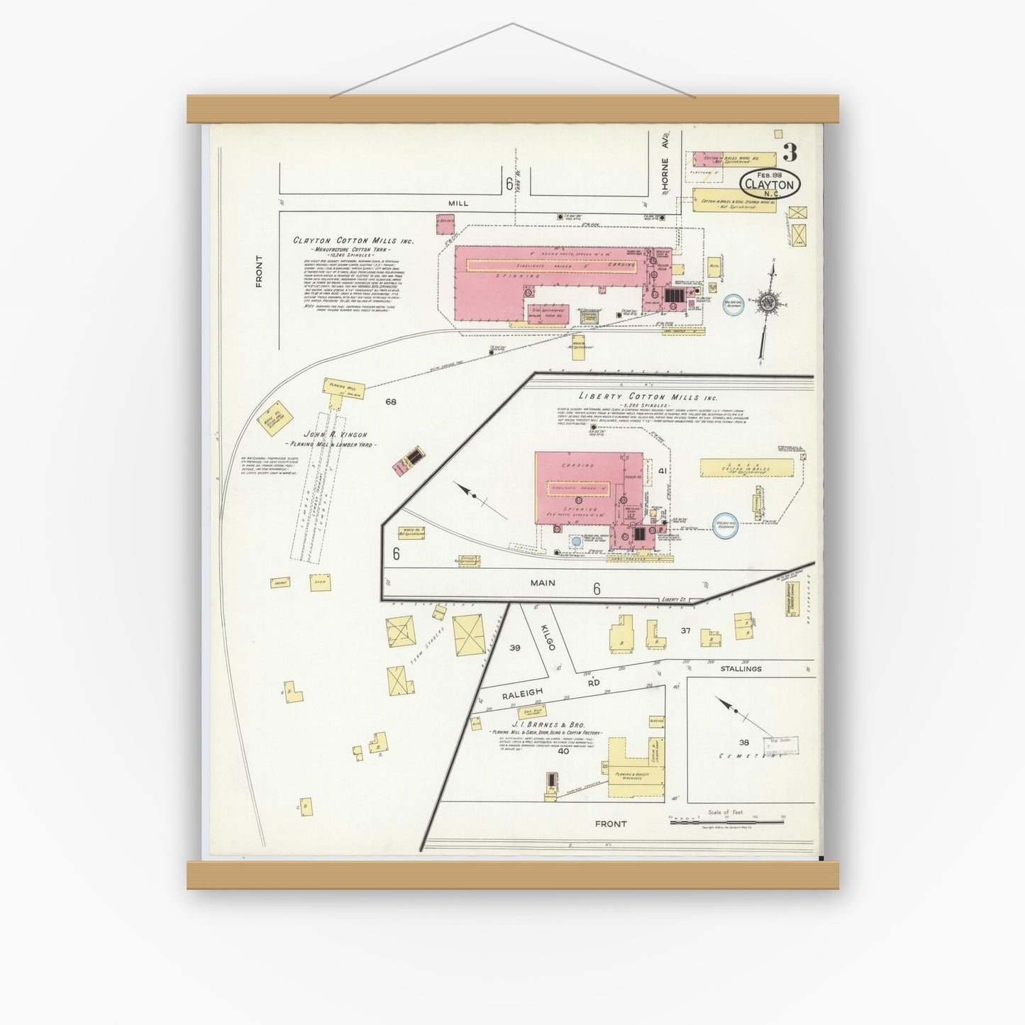 Old map wall art mockup — magnetic wood frame on white wall — Sanborn Fire Insurance Map from Clayton, Johnston County, North Carolina (1918), Sheet #0003