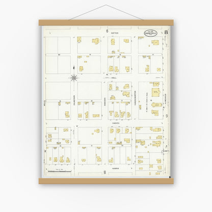 Old map wall art mockup — magnetic wood frame on white wall — Sanborn Fire Insurance Map from Gainesville, Cooke County, Texas (1908), Sheet #0008