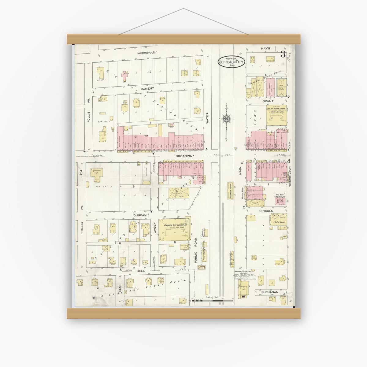 Old map wall art mockup — magnetic wood frame on white wall — Sanborn Fire Insurance Map from Johnston City, Williamson County, Illinois (1914), Sheet #0003