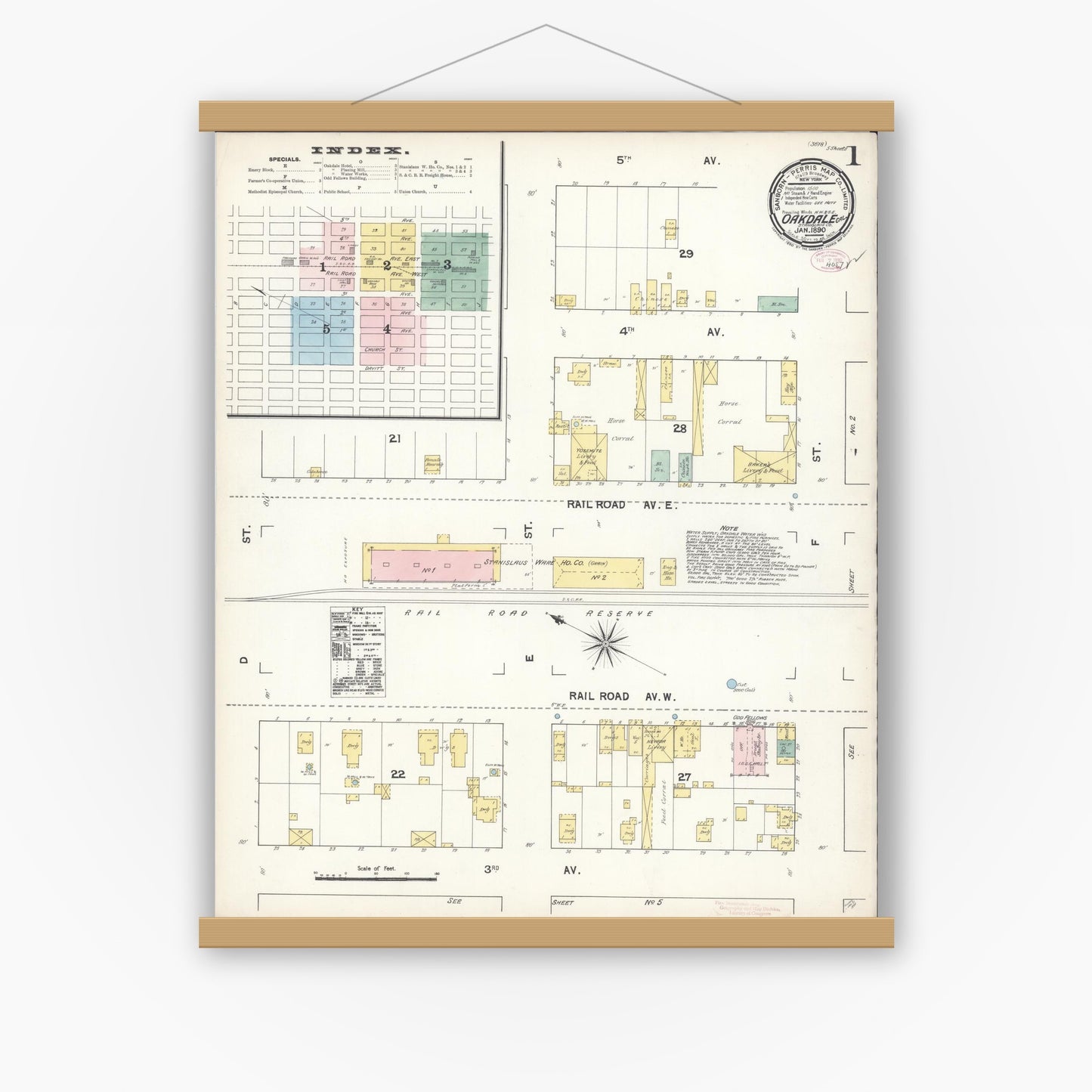 Old map wall art mockup — magnetic wood frame on white wall — Sanborn Fire Insurance Map from Oakdale, Stanislaus County, California (1890), Sheet #0001