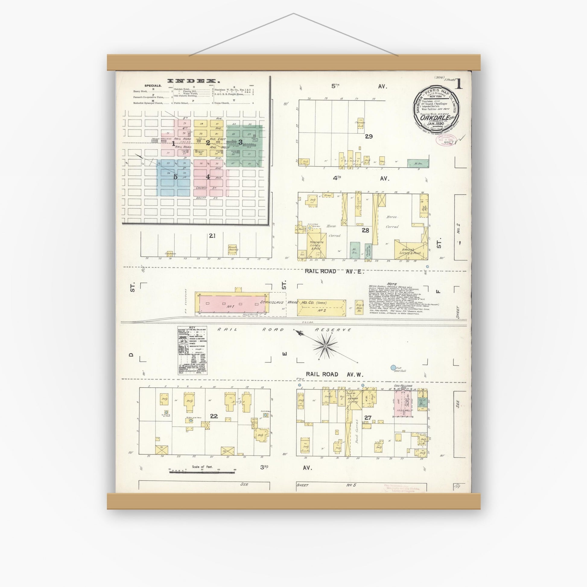 Old map wall art mockup — magnetic wood frame on white wall — Sanborn Fire Insurance Map from Oakdale, Stanislaus County, California (1890), Sheet #0001