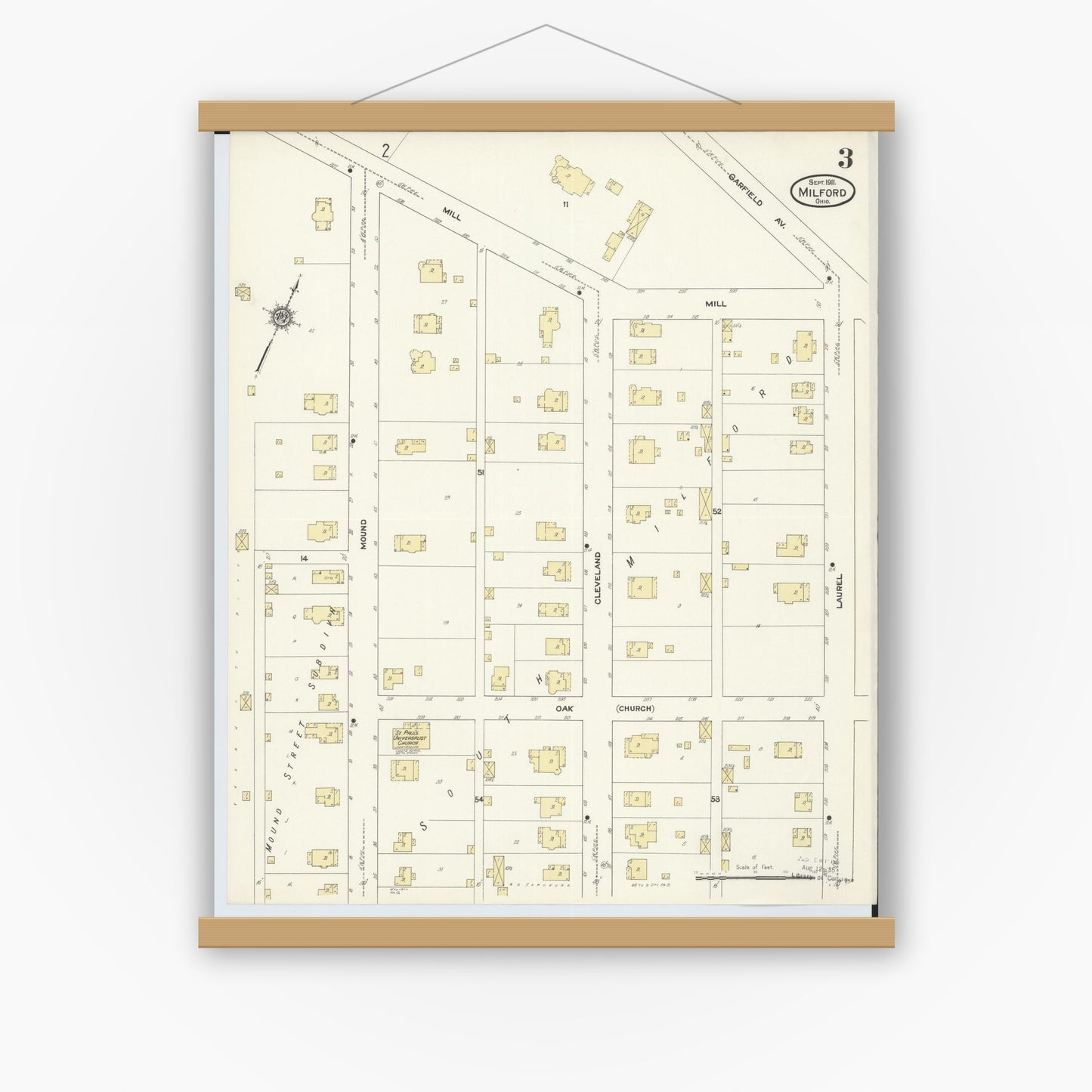 Old map wall art mockup — magnetic wood frame on white wall — Sanborn Fire Insurance Map from Milford, Clermont And Hamilton County, Ohio (1911), Sheet #0003