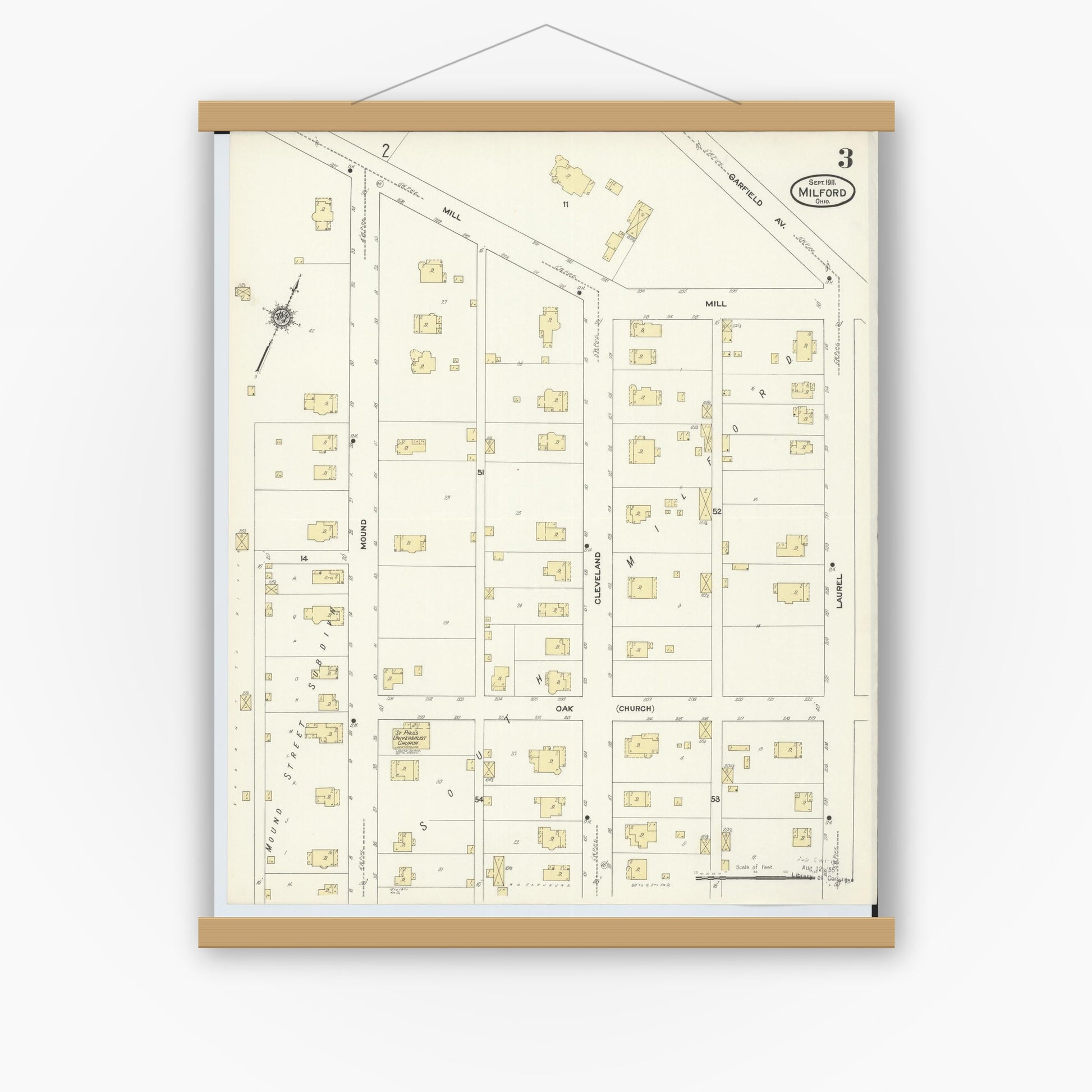 Old map wall art mockup — magnetic wood frame on white wall — Sanborn Fire Insurance Map from Milford, Clermont And Hamilton County, Ohio (1911), Sheet #0003