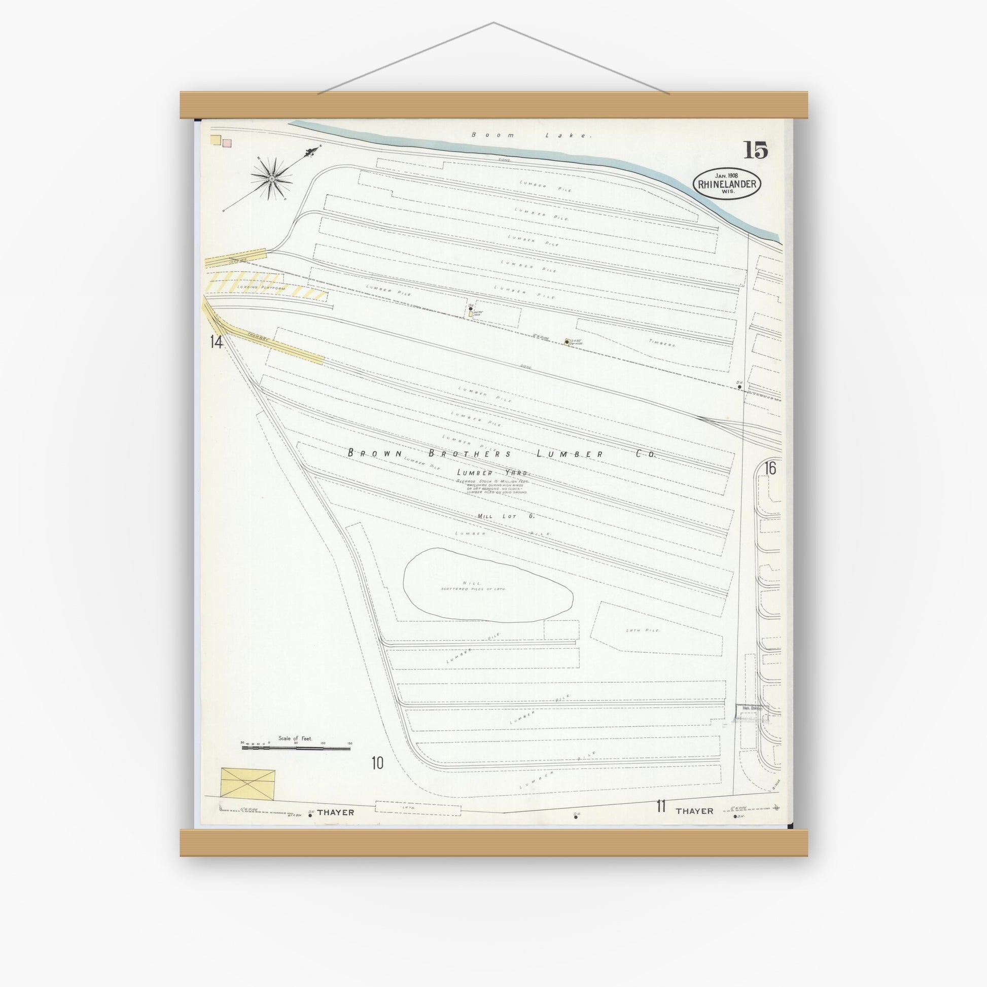 Old map wall art mockup — magnetic wood frame on white wall — Sanborn Fire Insurance Map from Rhinelander, Oneida County, Wisconsin (1908), Sheet #0015