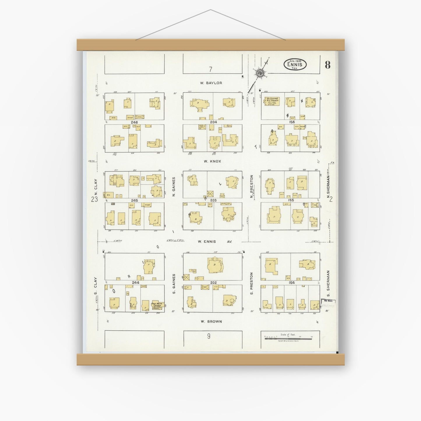 Old map wall art mockup — magnetic wood frame on white wall — Sanborn Fire Insurance Map from Ennis, Ellis County, Texas (1920), Sheet #0008