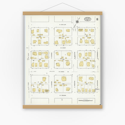 Old map wall art mockup — magnetic wood frame on white wall — Sanborn Fire Insurance Map from Ennis, Ellis County, Texas (1920), Sheet #0008