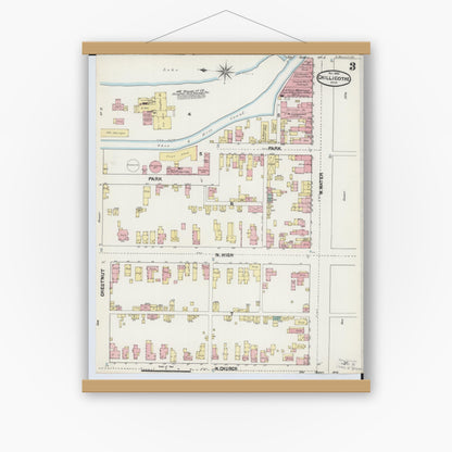 Old map wall art mockup — magnetic wood frame on white wall — Sanborn Fire Insurance Map from Chillicothe, Ross County, Ohio (1890), Sheet #0003