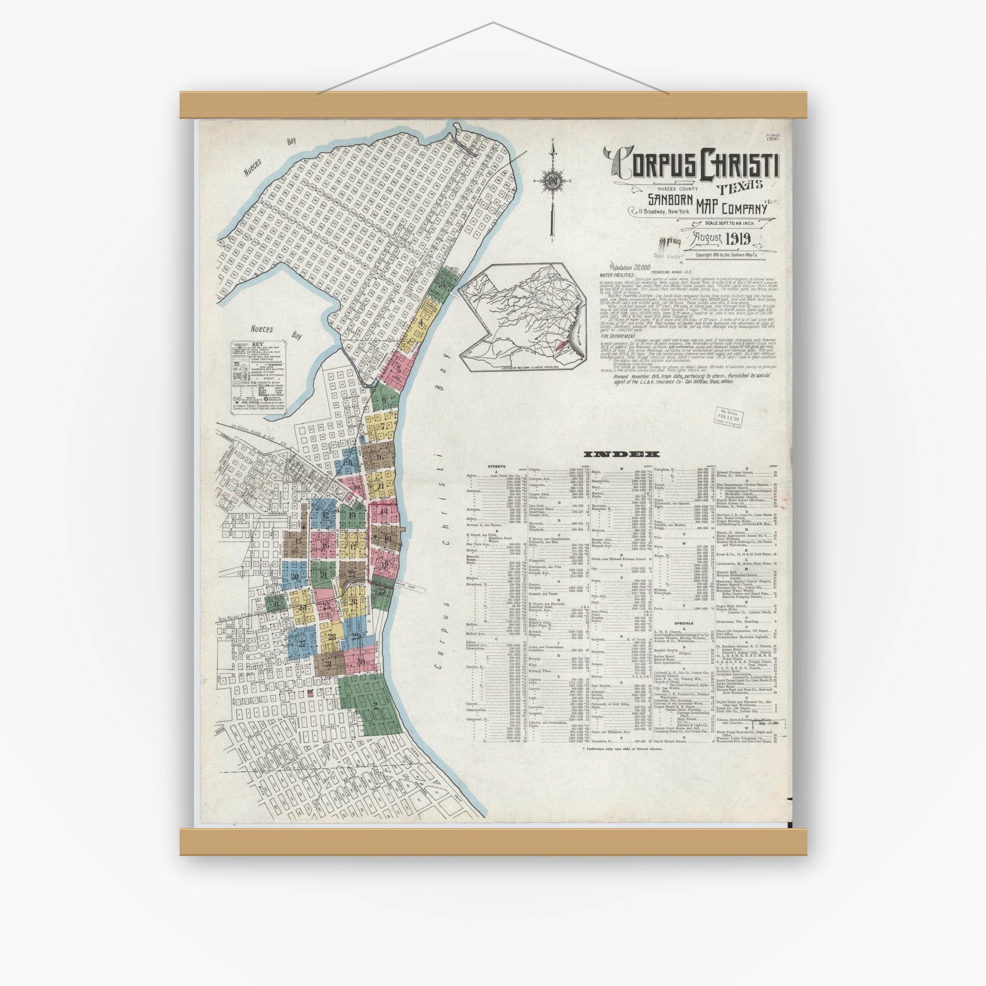 Old map wall art mockup — magnetic wood frame on white wall — Sanborn Fire Insurance Map from Corpus Christi, Nueces County, Texas (1919), Sheet #0001