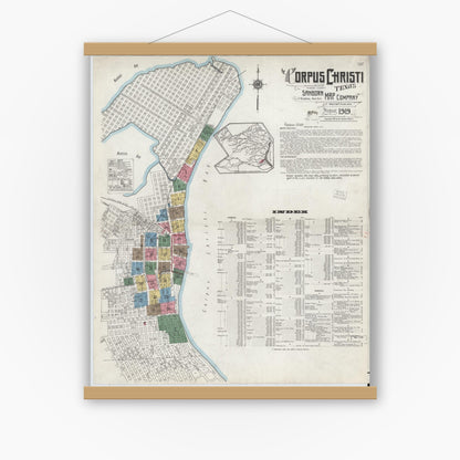 Old map wall art mockup — magnetic wood frame on white wall — Sanborn Fire Insurance Map from Corpus Christi, Nueces County, Texas (1919), Sheet #0001