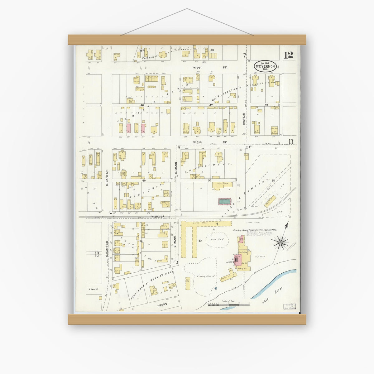 Old map wall art mockup — magnetic wood frame on white wall — Sanborn Fire Insurance Map from Mount Vernon, Posey County, Indiana (1907), Sheet #0012