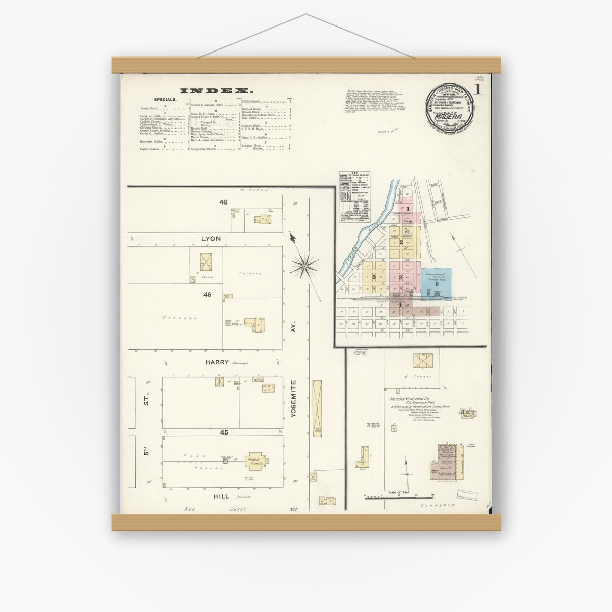 Old map wall art mockup — magnetic wood frame on white wall — Sanborn Fire Insurance Map from Madera, Madera County, California (1891) - Complete Map Set