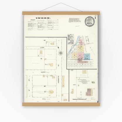 Old map wall art mockup — magnetic wood frame on white wall — Sanborn Fire Insurance Map from Madera, Madera County, California (1891) - Complete Map Set