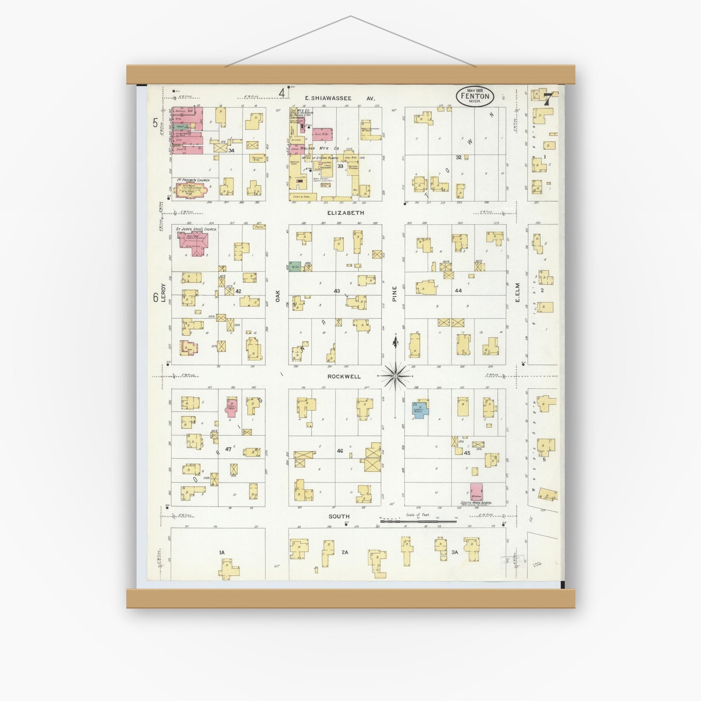 Old map wall art mockup — magnetic wood frame on white wall — Sanborn Fire Insurance Map from Fenton, Genesee County, Michigan (1908), Sheet #0007