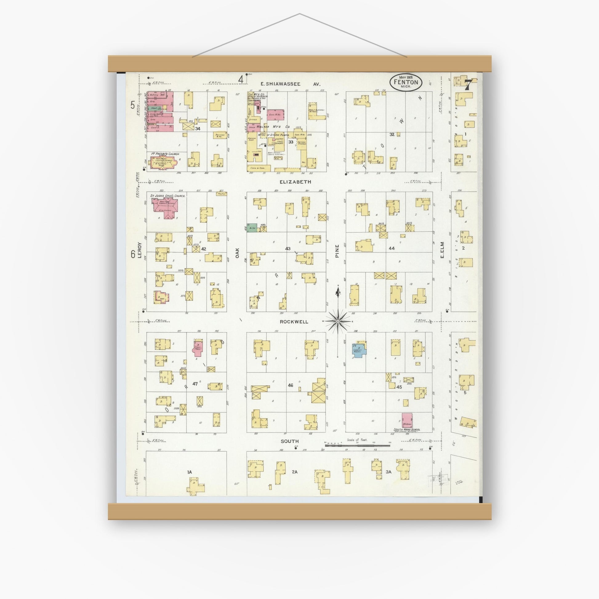 Old map wall art mockup — magnetic wood frame on white wall — Sanborn Fire Insurance Map from Fenton, Genesee County, Michigan (1908), Sheet #0007