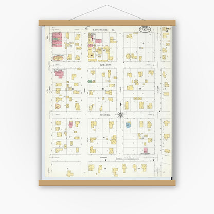 Old map wall art mockup — magnetic wood frame on white wall — Sanborn Fire Insurance Map from Fenton, Genesee County, Michigan (1908), Sheet #0007