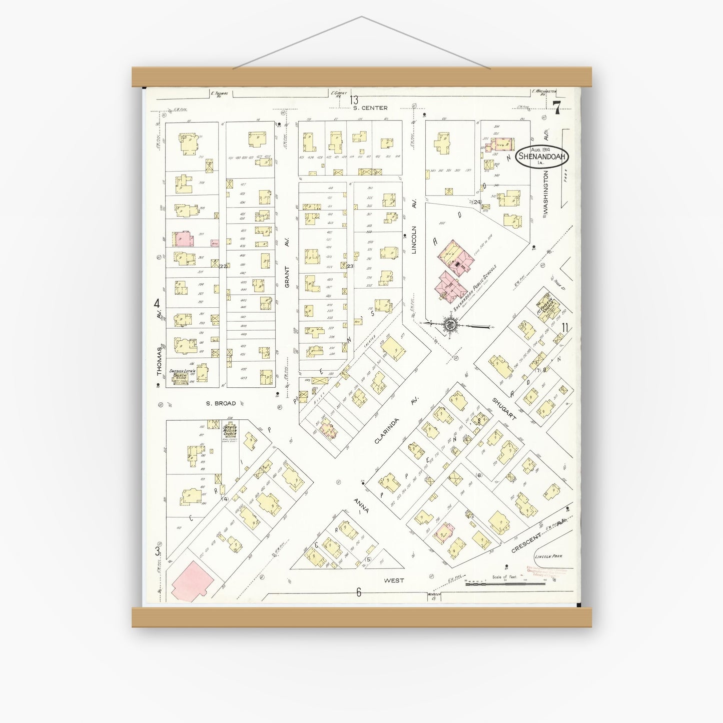 Old map wall art mockup — magnetic wood frame on white wall — Sanborn Fire Insurance Map from Shenandoah, Page County, Iowa (1914), Sheet #0007