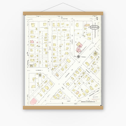 Old map wall art mockup — magnetic wood frame on white wall — Sanborn Fire Insurance Map from Shenandoah, Page County, Iowa (1914), Sheet #0007