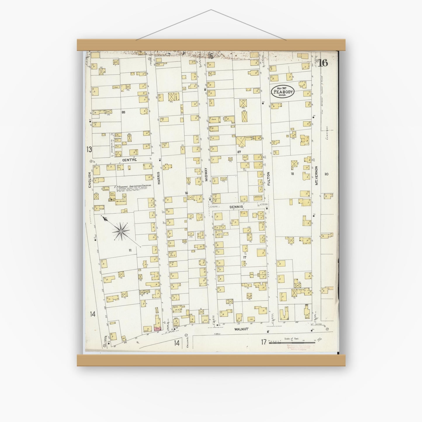 Old map wall art mockup — magnetic wood frame on white wall — Sanborn Fire Insurance Map from Peabody, Essex County, Massachusetts (1907), Sheet #0016