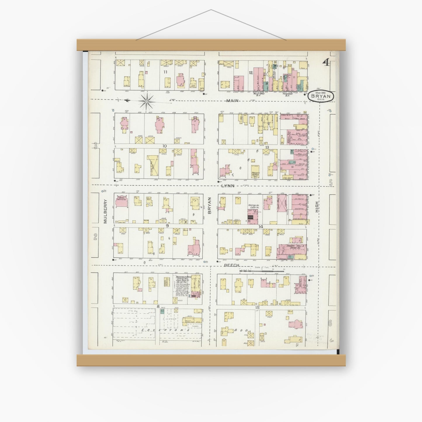Old map wall art mockup — magnetic wood frame on white wall — Sanborn Fire Insurance Map from Bryan, Williams County, Ohio (1893), Sheet #0004