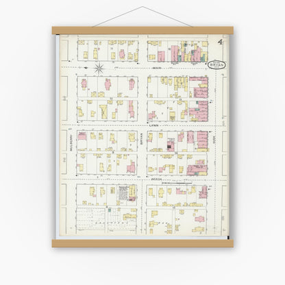 Old map wall art mockup — magnetic wood frame on white wall — Sanborn Fire Insurance Map from Bryan, Williams County, Ohio (1893), Sheet #0004