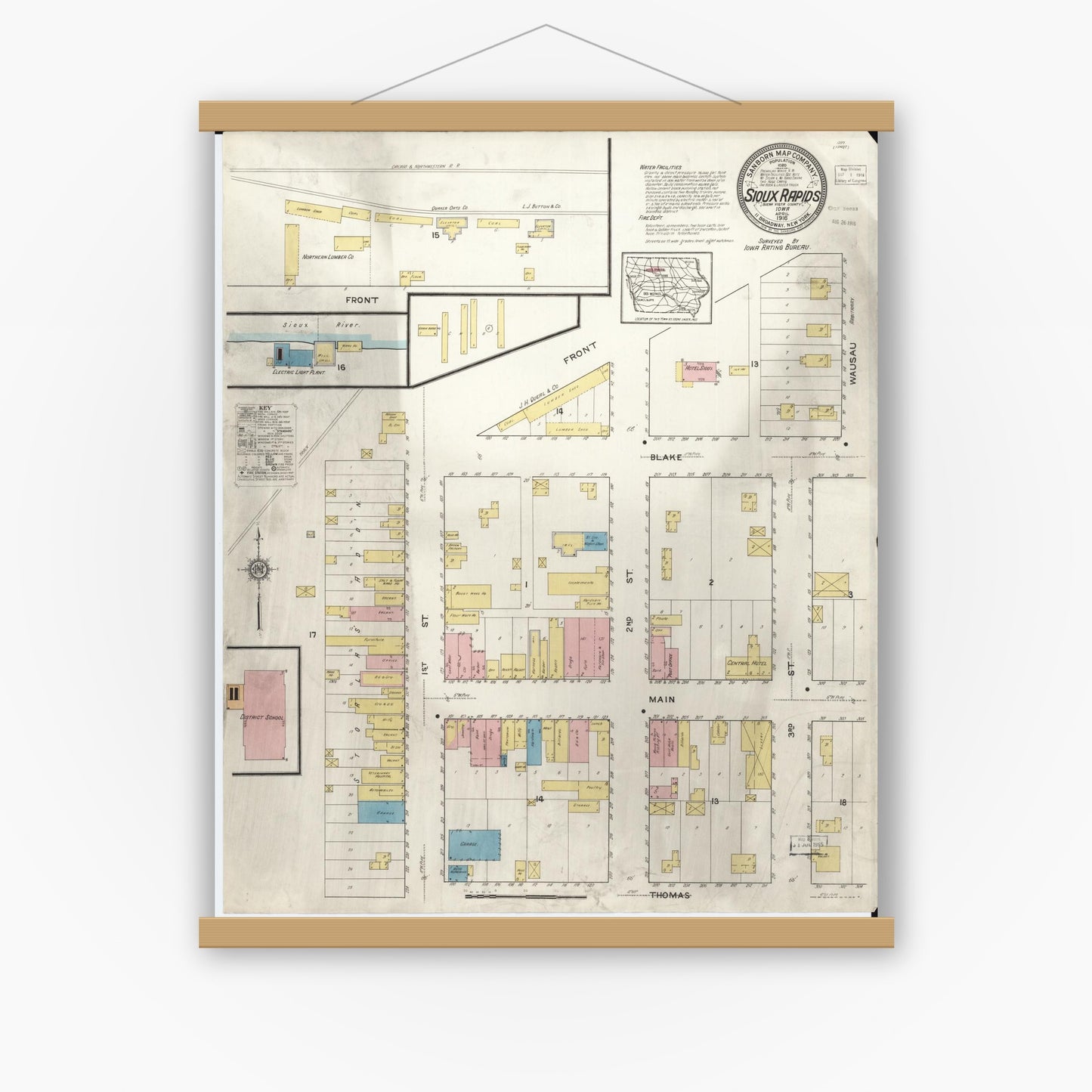 Old map wall art mockup — magnetic wood frame on white wall — Sanborn Fire Insurance Map from Sioux Rapids, Buena Vista County, Iowa (1916), Sheet #0001