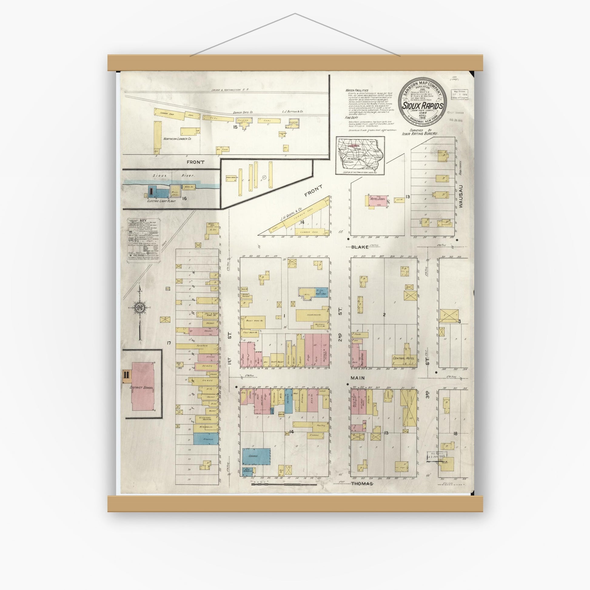 Old map wall art mockup — magnetic wood frame on white wall — Sanborn Fire Insurance Map from Sioux Rapids, Buena Vista County, Iowa (1916), Sheet #0001