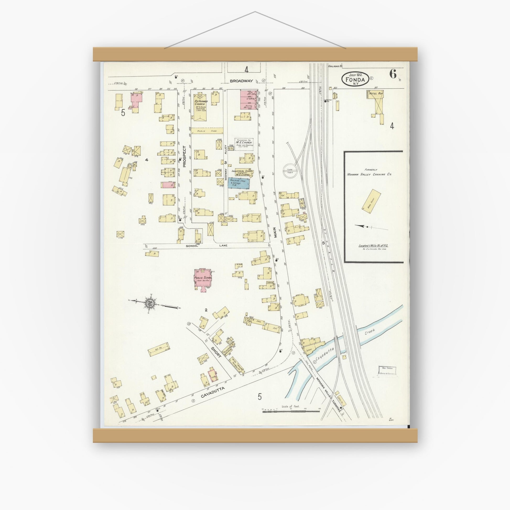 Old map wall art mockup — magnetic wood frame on white wall — Sanborn Fire Insurance Map from Fonda, Montgomery County, New York (1912), Sheet #0006