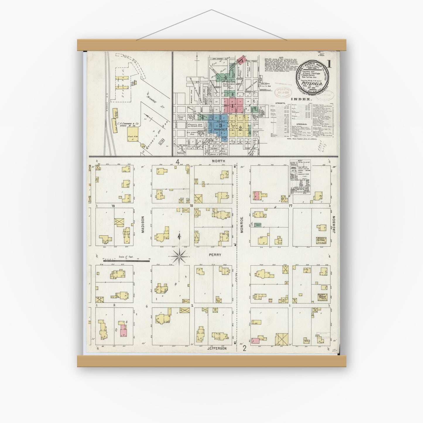 Old map wall art mockup — magnetic wood frame on white wall — Sanborn Fire Insurance Map from Pittsfield, Pike County, Illinois (1898) - Complete Map Set