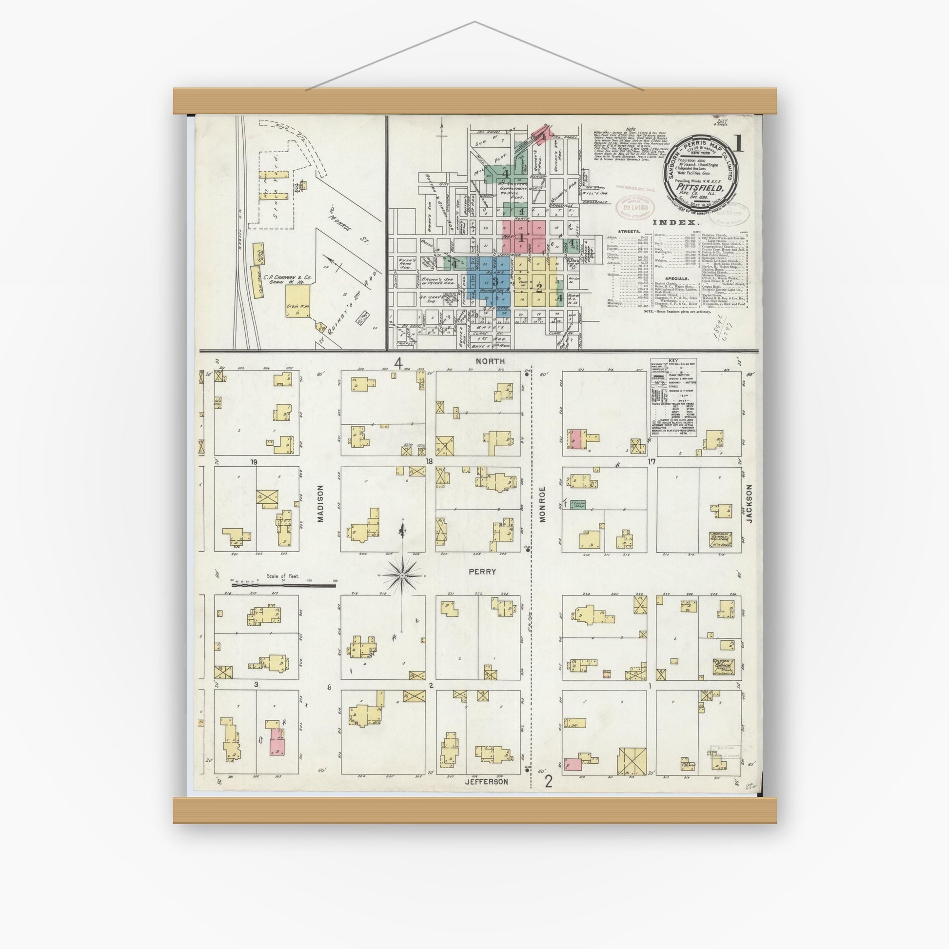 Old map wall art mockup — magnetic wood frame on white wall — Sanborn Fire Insurance Map from Pittsfield, Pike County, Illinois (1898) - Complete Map Set