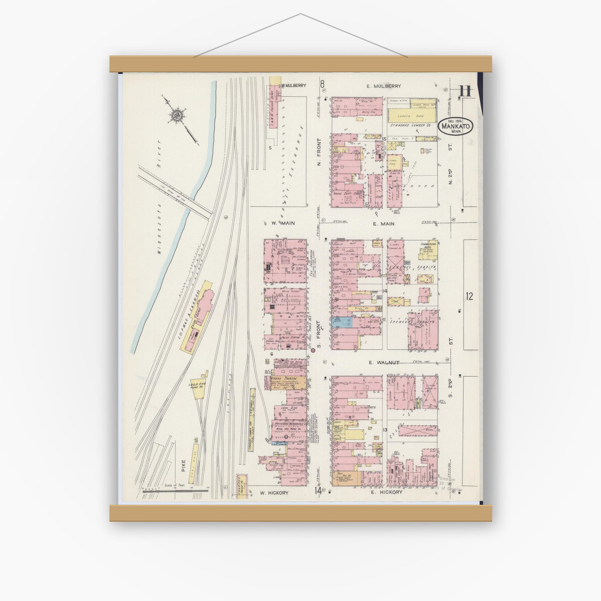 Old map wall art mockup — magnetic wood frame on white wall — Sanborn Fire Insurance Map from Mankato, Blue Earth County, Minnesota (1914), Sheet #0011