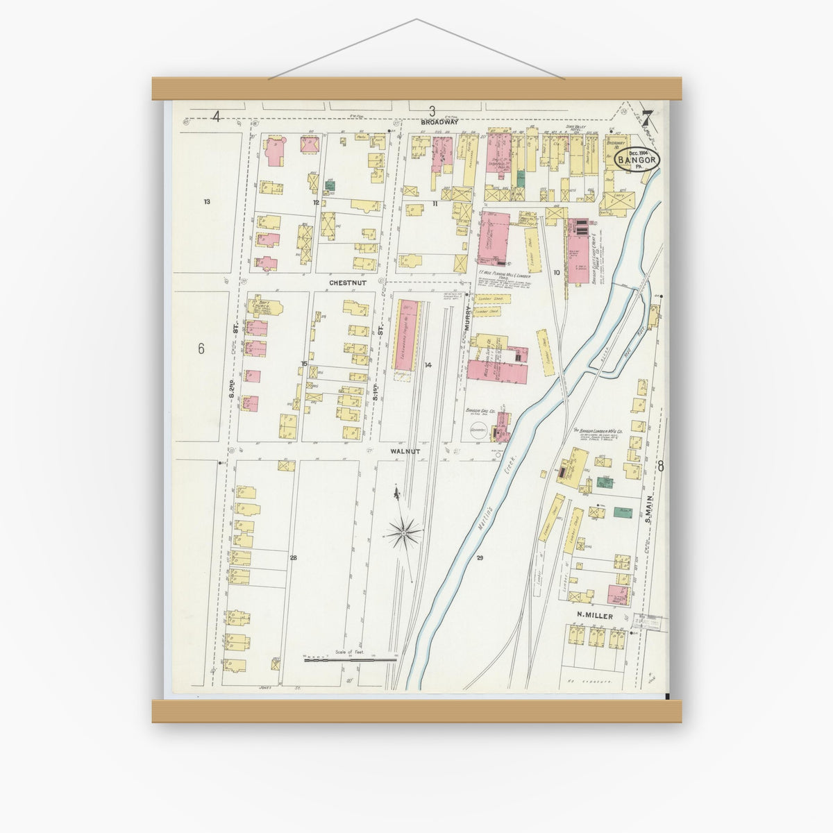Old map wall art mockup — magnetic wood frame on white wall — Sanborn Fire Insurance Map from Bangor, Northampton County, Pennsylvania (1904), Sheet #0007