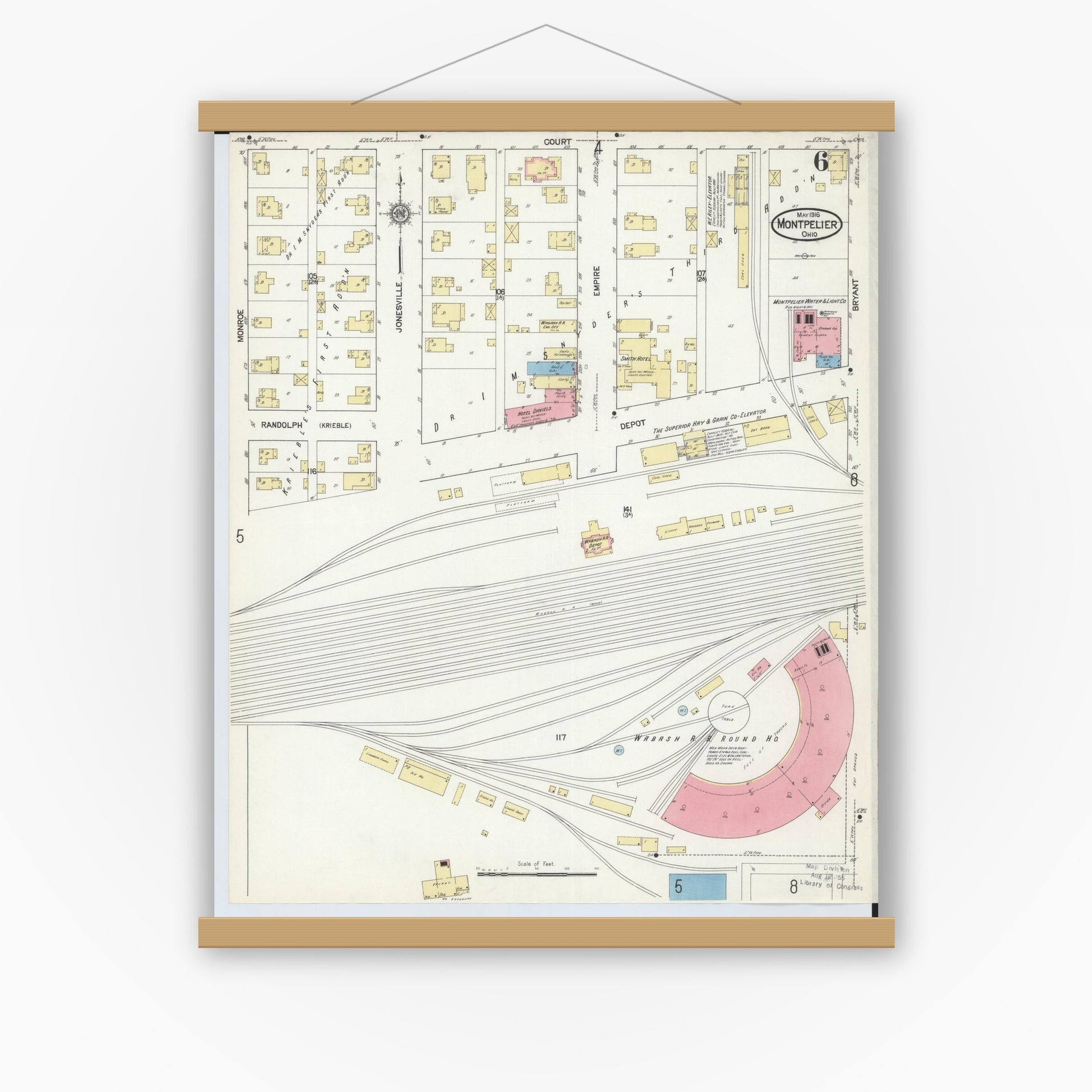 Old map wall art mockup — magnetic wood frame on white wall — Sanborn Fire Insurance Map from Montpelier, Williams County, Ohio (1916), Sheet #0006