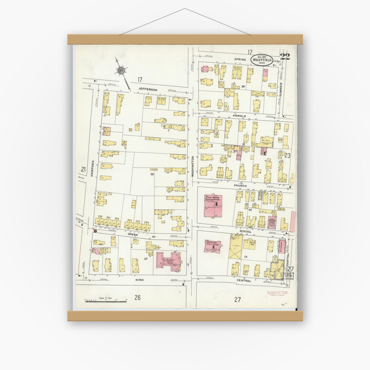 Old map wall art mockup — magnetic wood frame on white wall — Sanborn Fire Insurance Map from Westfield, Hampden County, Massachusetts (1910), Sheet #0022