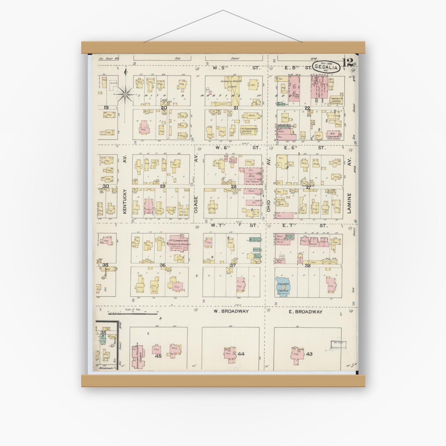 Old map wall art mockup — magnetic wood frame on white wall — Sanborn Fire Insurance Map from Sedalia, Pettis County, Missouri (1888), Sheet #0012