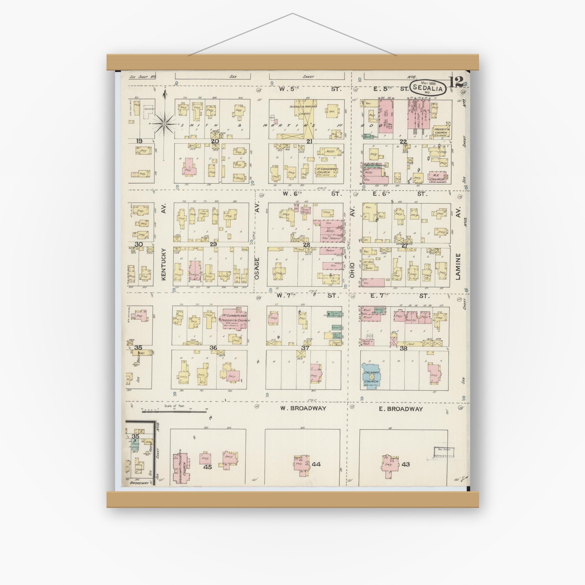 Old map wall art mockup — magnetic wood frame on white wall — Sanborn Fire Insurance Map from Sedalia, Pettis County, Missouri (1888), Sheet #0012