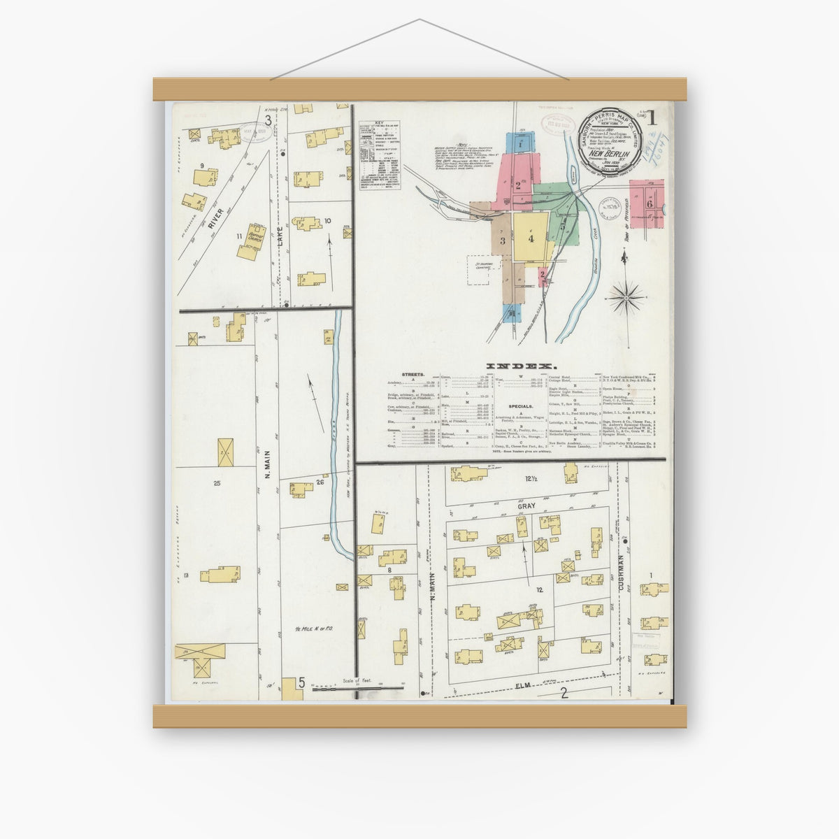 Old map wall art mockup — magnetic wood frame on white wall — Sanborn Fire Insurance Map from New Berlin, Chenango County, New York (1899) - Complete Map Set