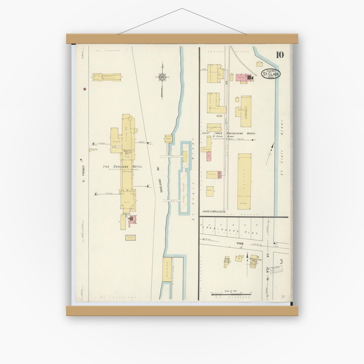 Old map wall art mockup — magnetic wood frame on white wall — Sanborn Fire Insurance Map from Saint Clair, Saint Clair County, Michigan (1913), Sheet #0010