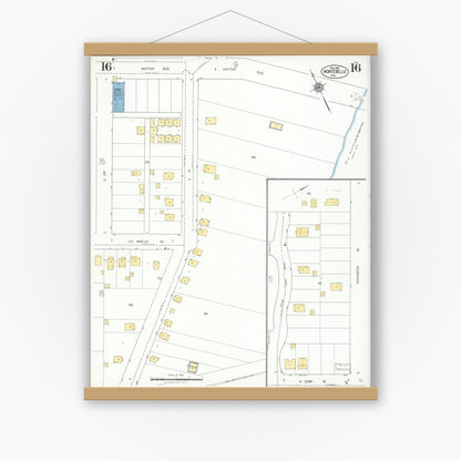 Old map wall art mockup — magnetic wood frame on white wall — Sanborn Fire Insurance Map from Montebello, Los Angeles County, California (1925), Sheet #0016