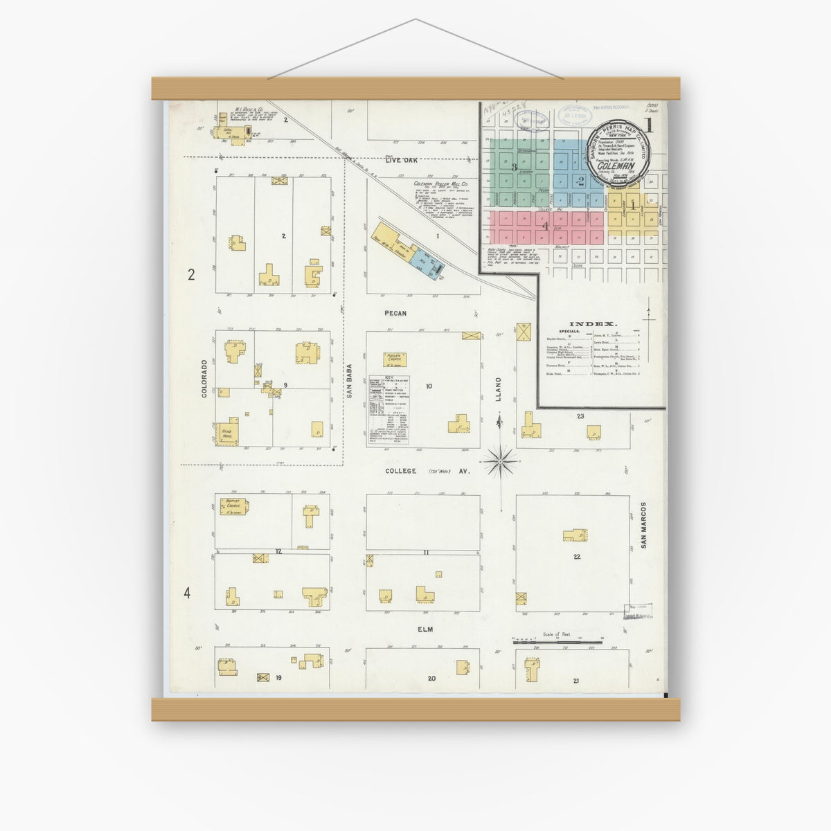 Old map wall art mockup — magnetic wood frame on white wall — Sanborn Fire Insurance Map from Coleman, Coleman County, Texas (1898) - Complete Map Set