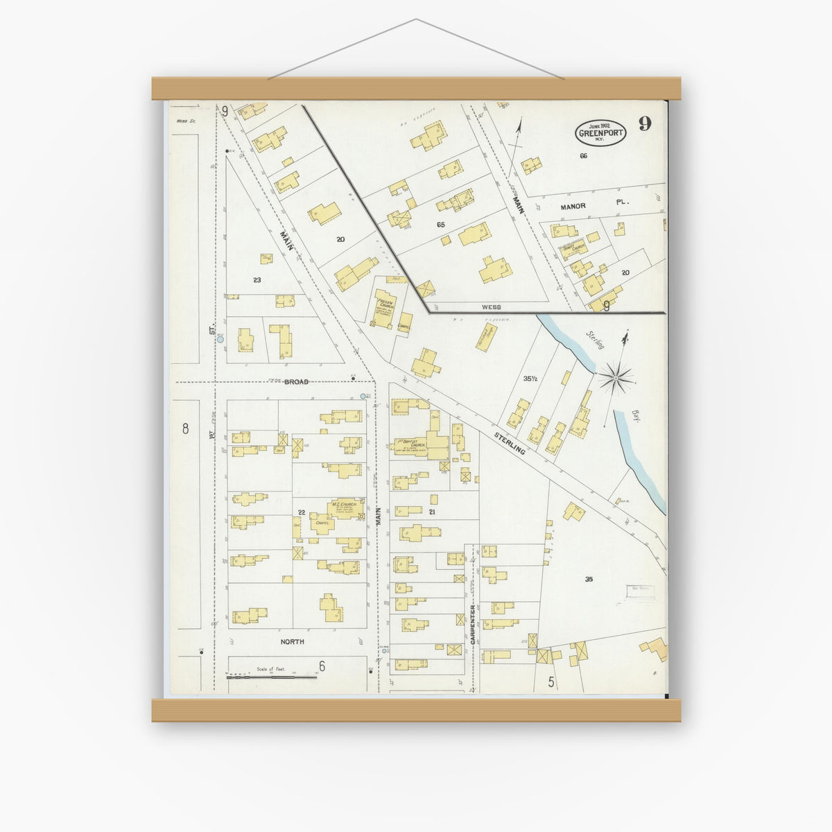 Old map wall art mockup — magnetic wood frame on white wall — Sanborn Fire Insurance Map from Greenport, Suffolk County, New York (1902), Sheet #0009
