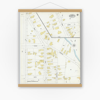 Old map wall art mockup — magnetic wood frame on white wall — Sanborn Fire Insurance Map from Greenport, Suffolk County, New York (1902), Sheet #0009