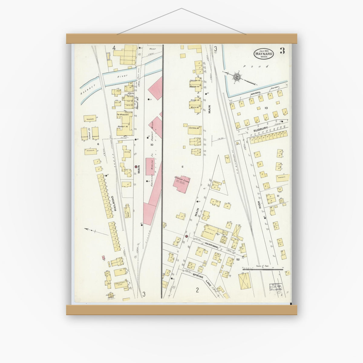 Old map wall art mockup — magnetic wood frame on white wall — Sanborn Fire Insurance Map from Maynard, Middlesex County, Massachusetts (1910), Sheet #0003