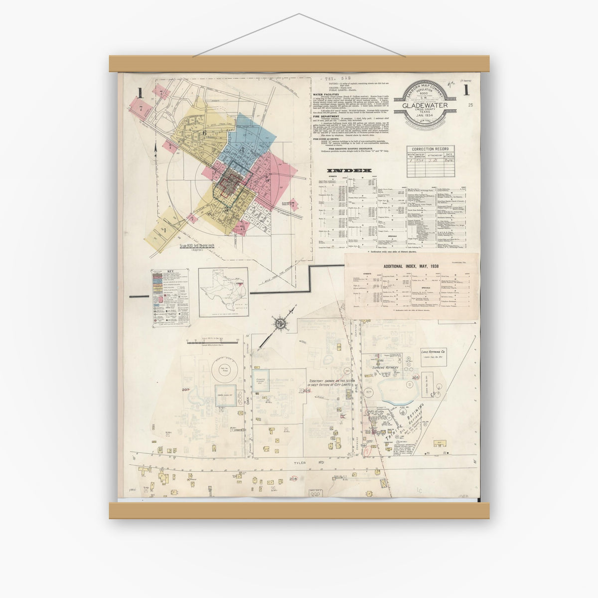 Old map wall art mockup — magnetic wood frame on white wall — Sanborn Fire Insurance Map from Gladewater, Gregg County, Texas (1938) - Complete Map Set