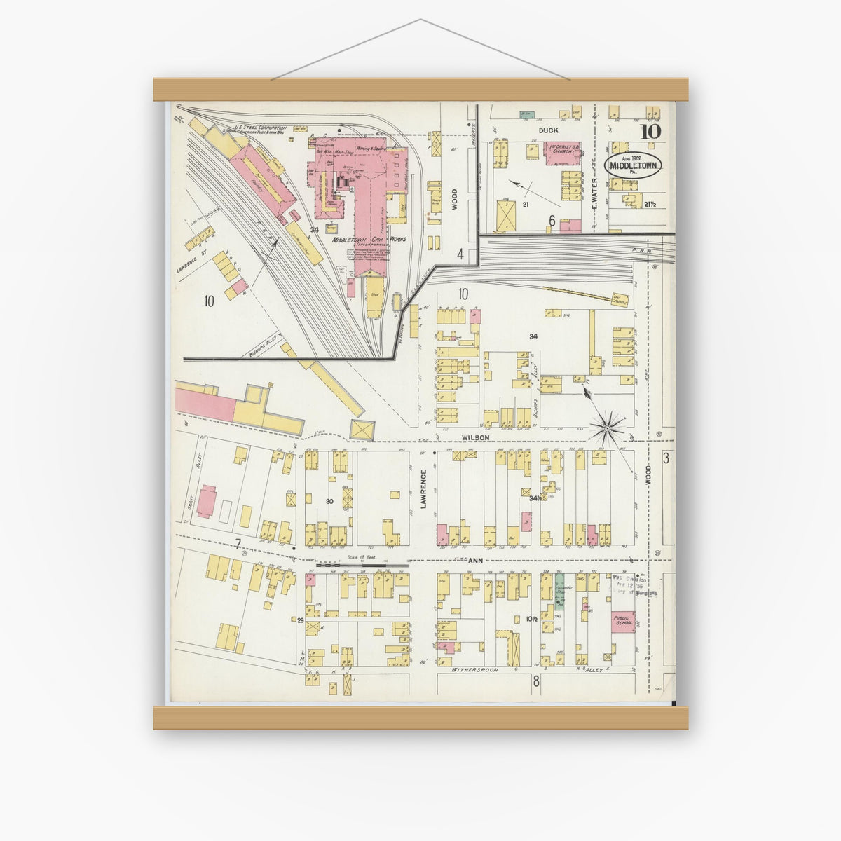 Old map wall art mockup — magnetic wood frame on white wall — Sanborn Fire Insurance Map from Middletown, Dauphin County, Pennsylvania (1902), Sheet #0010