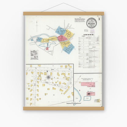 Old map wall art mockup — magnetic wood frame on white wall — Sanborn Fire Insurance Map from Maynard, Middlesex County, Massachusetts (1904), Sheet #0001