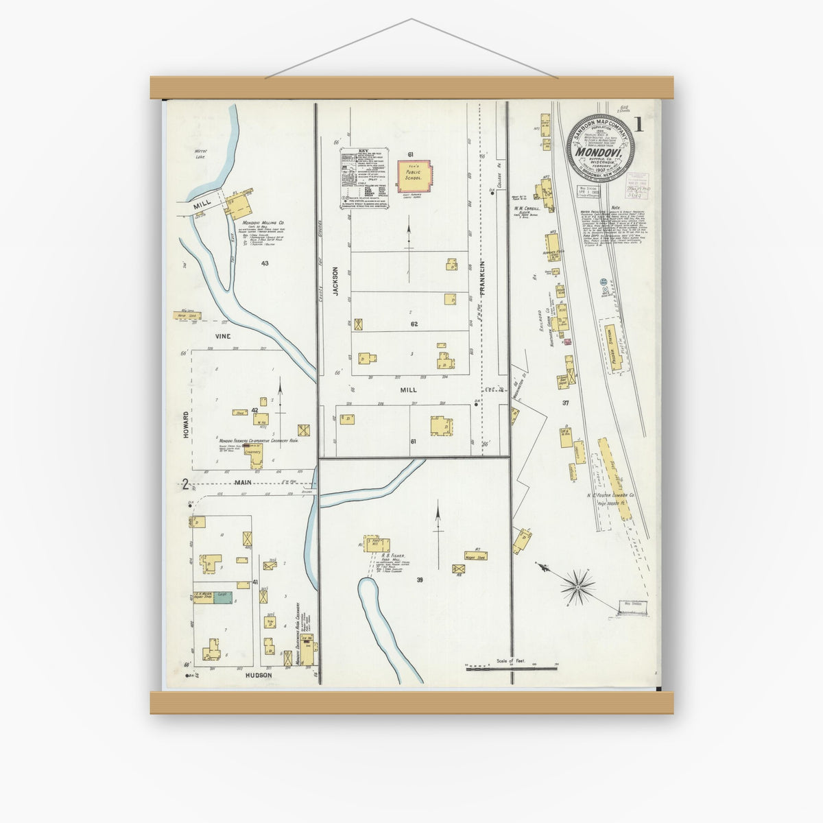 Old map wall art mockup — magnetic wood frame on white wall — Sanborn Fire Insurance Map from Mondovi, Buffalo County, Wisconsin (1903) - Complete Map Set