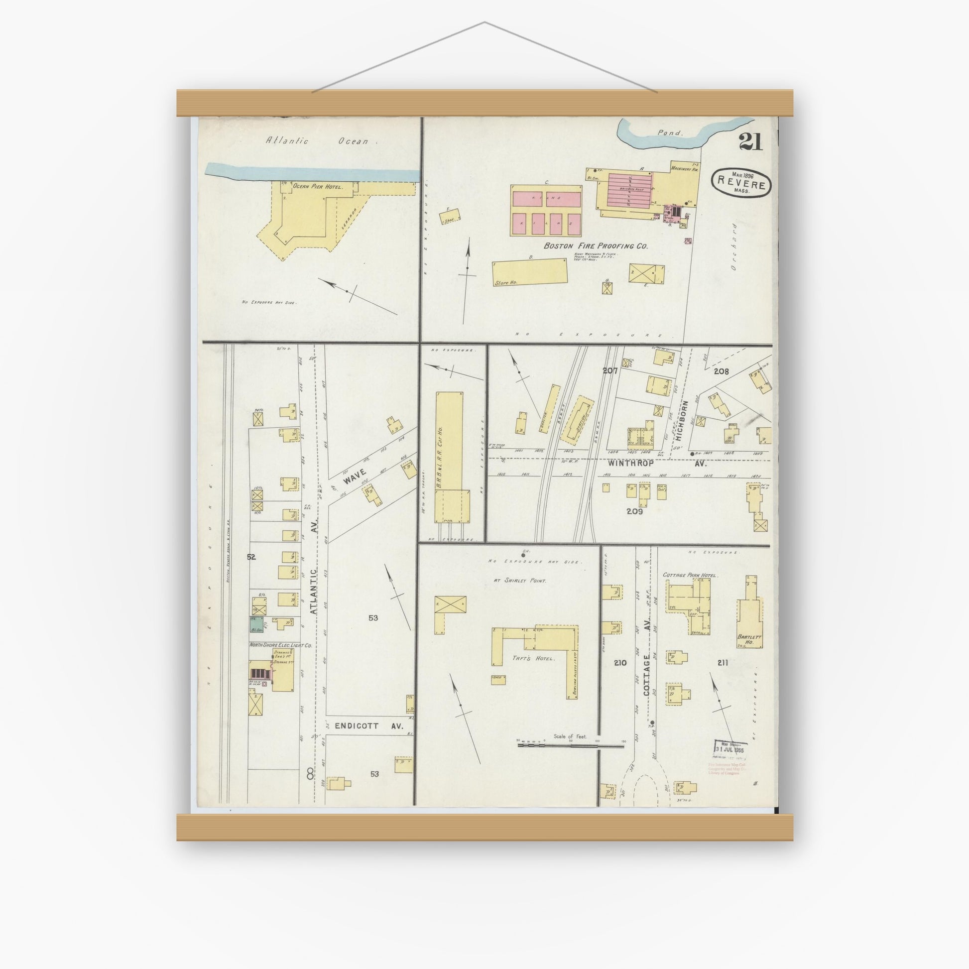 Old map wall art mockup — magnetic wood frame on white wall — Sanborn Fire Insurance Map from Revere, Suffolk County, Massachusetts (1896), Sheet #0021
